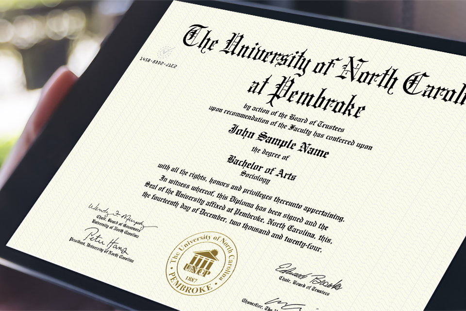 digital UNC Pembroke Diploma on tablet