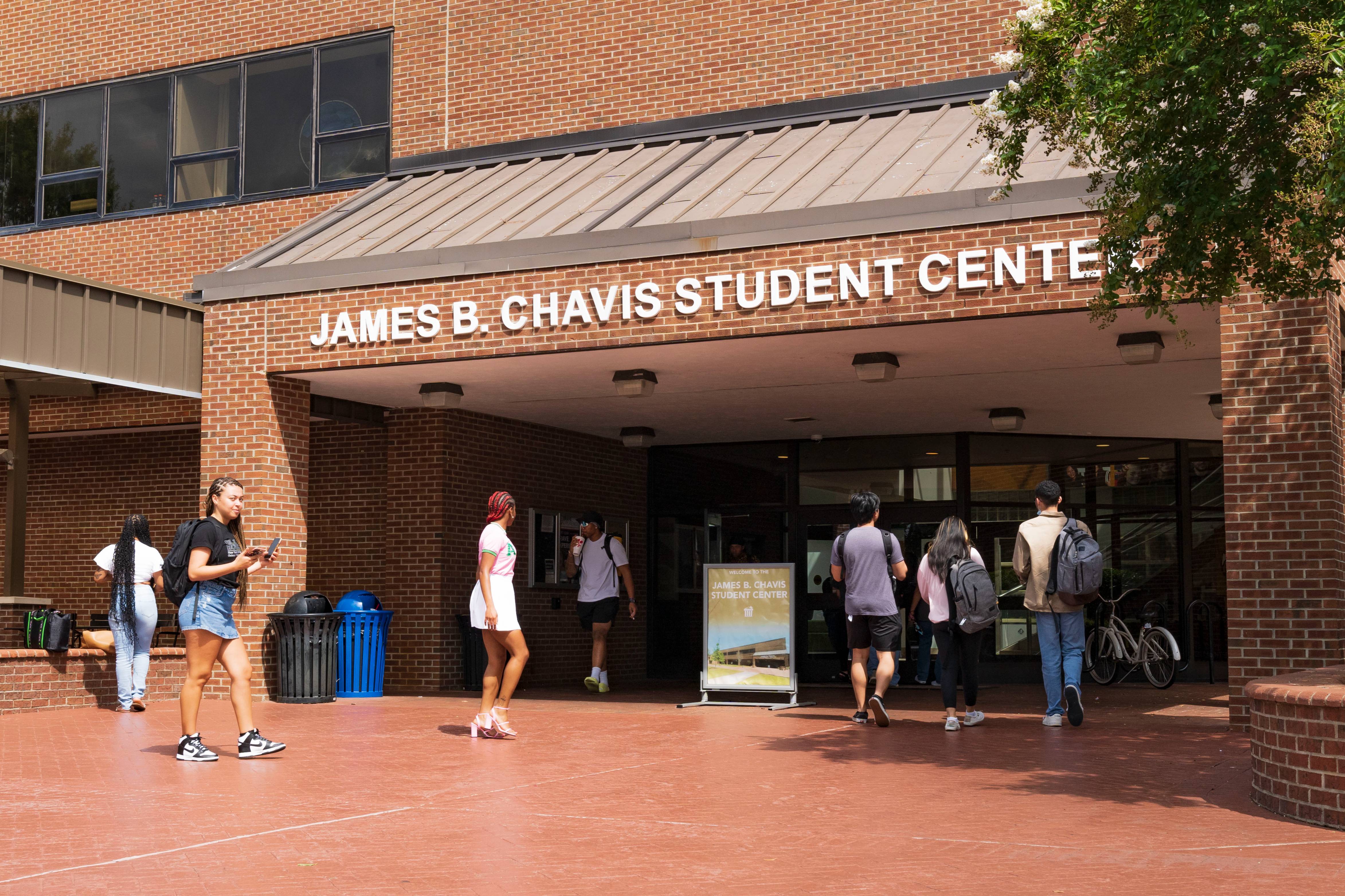 UNCP students in front of the James B. Chavis Student Center