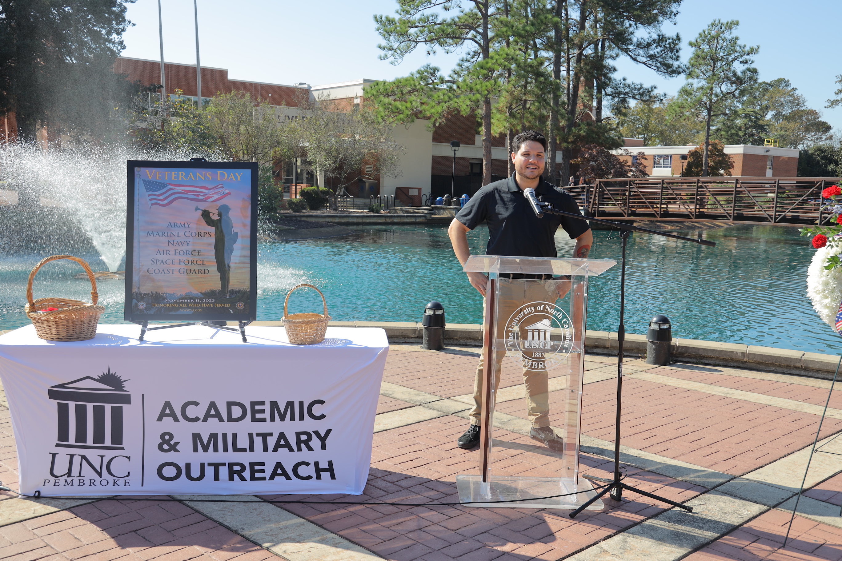 Rizihery Saenz speaks during the Veterans Honor Wreath Ceremony