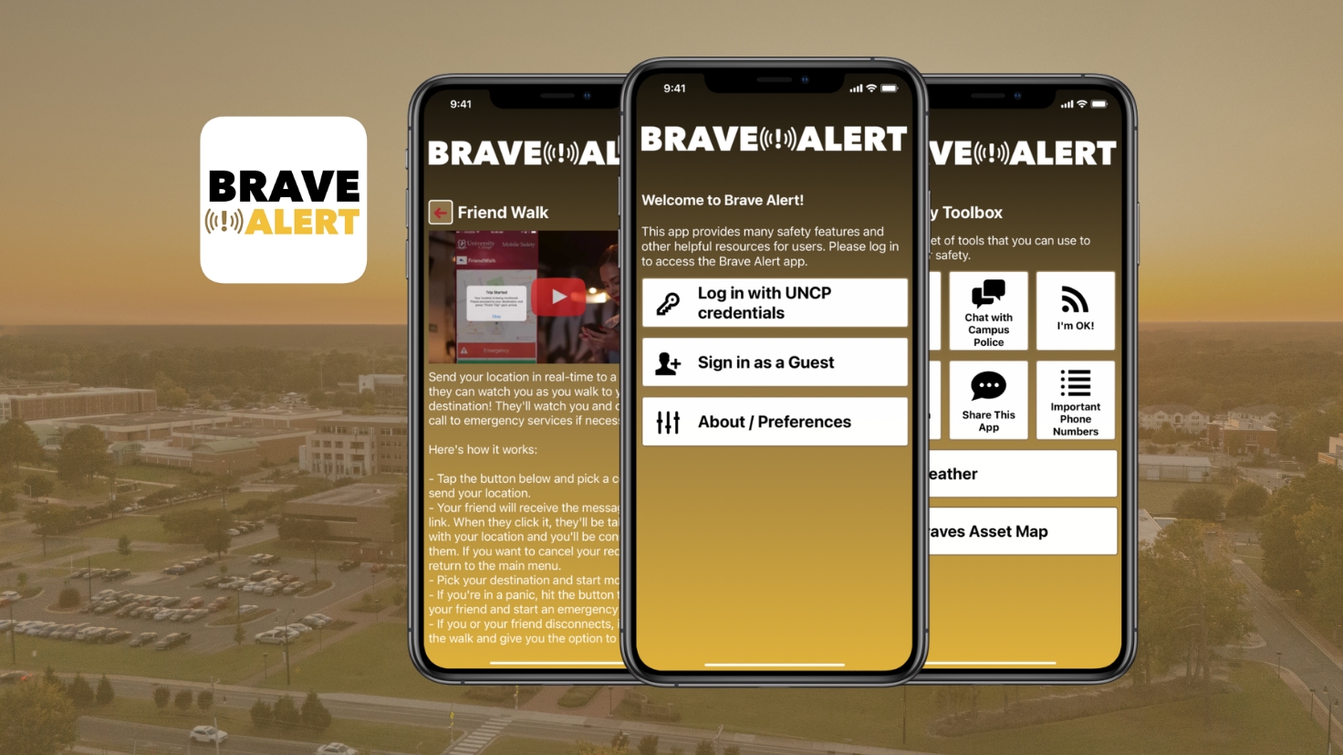 A smartphone and tablet displaying the Brave Alert app icon, representing UNCP