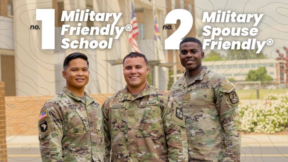 Three UNCP student soldiers in U.S. Army uniforms pose on campus alongside text reading 