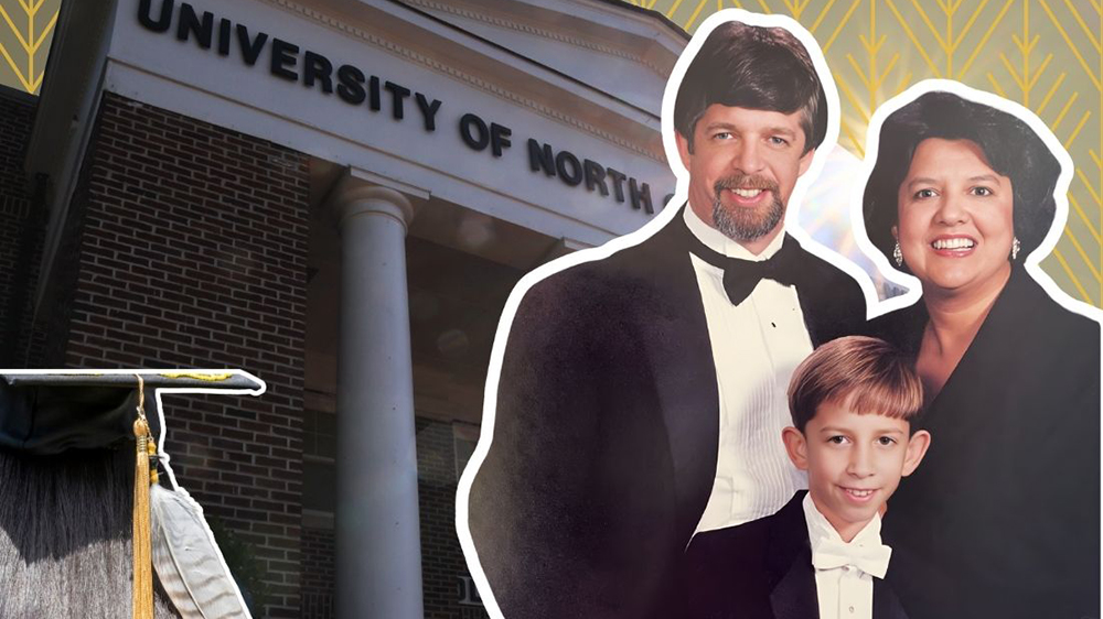 A portrait of the Reese family in front of Old Main and an American Indian graduate