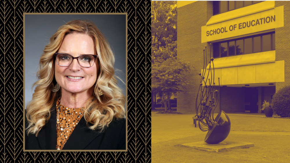 Dean Tracy Mulvaney, left, and the front of the UNCP School of Education building on the right
