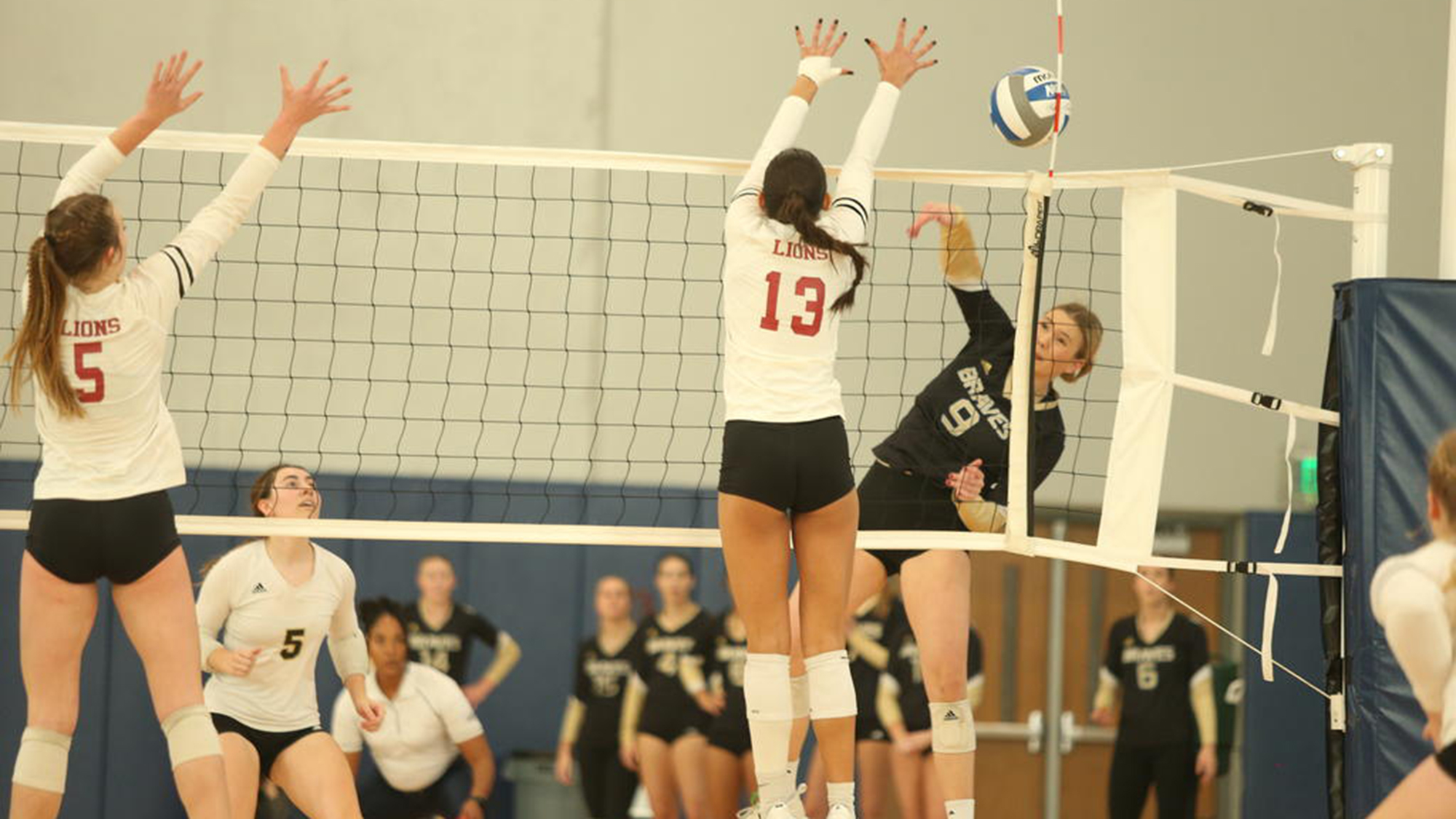 A woman wearing a number 13 jersey is jumping to block a volleyball being hit.