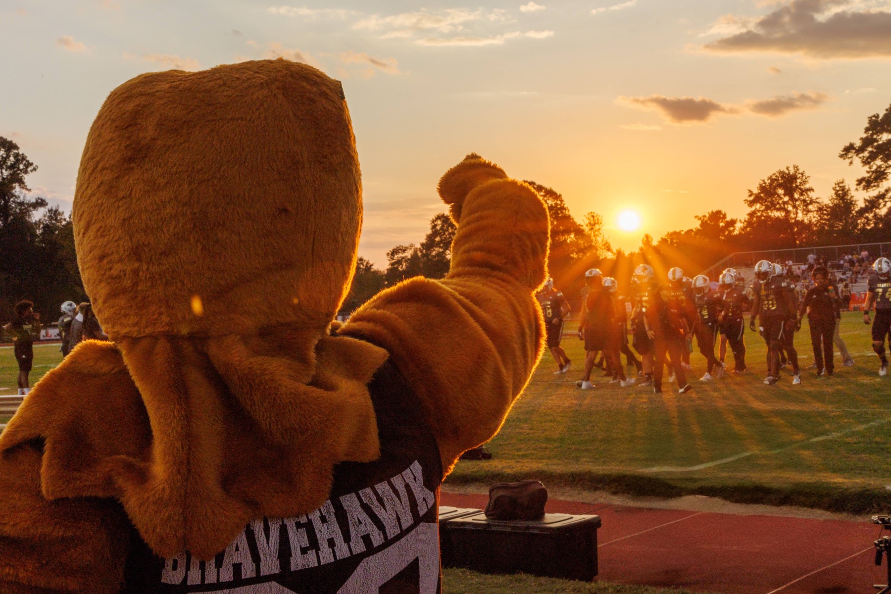 UNCP mascot, BraveHawk, cheering on the Braves!