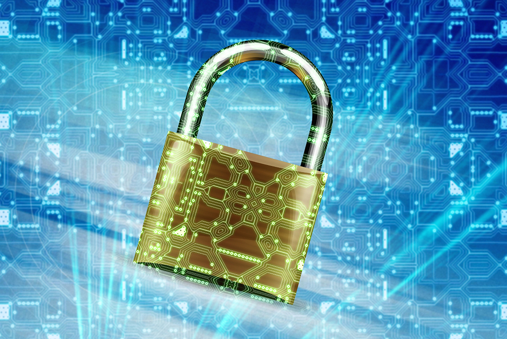 An abstract digital illustration representing cybersecurity with network icons and digital data motifs, underscoring UNCP’s expertise in protecting information systems.