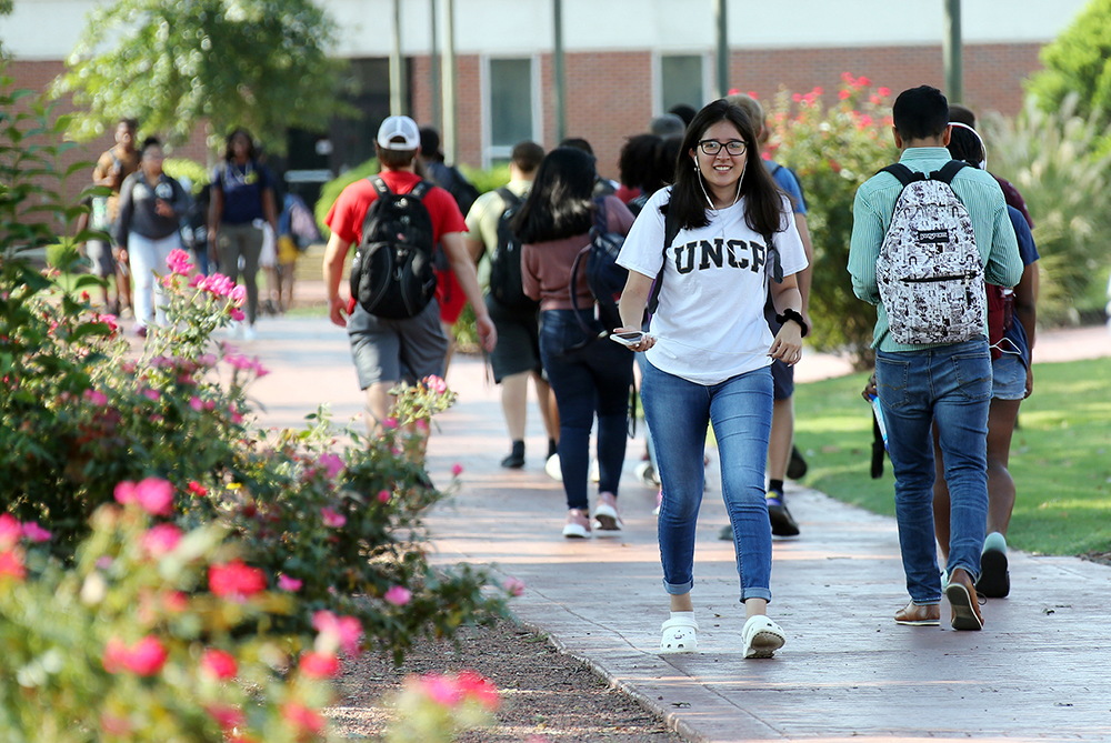 Students walking on UNCP campus