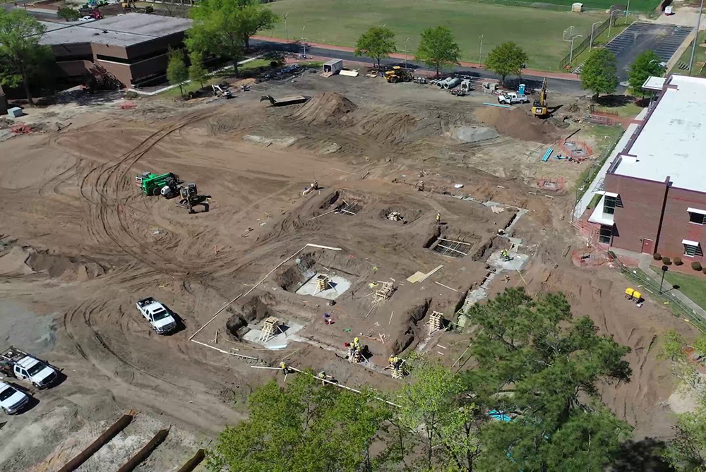 Drone view of a construction site for UNC Pembroke's James A. Thomas Hall, home of the Thomas College of Business & Economics