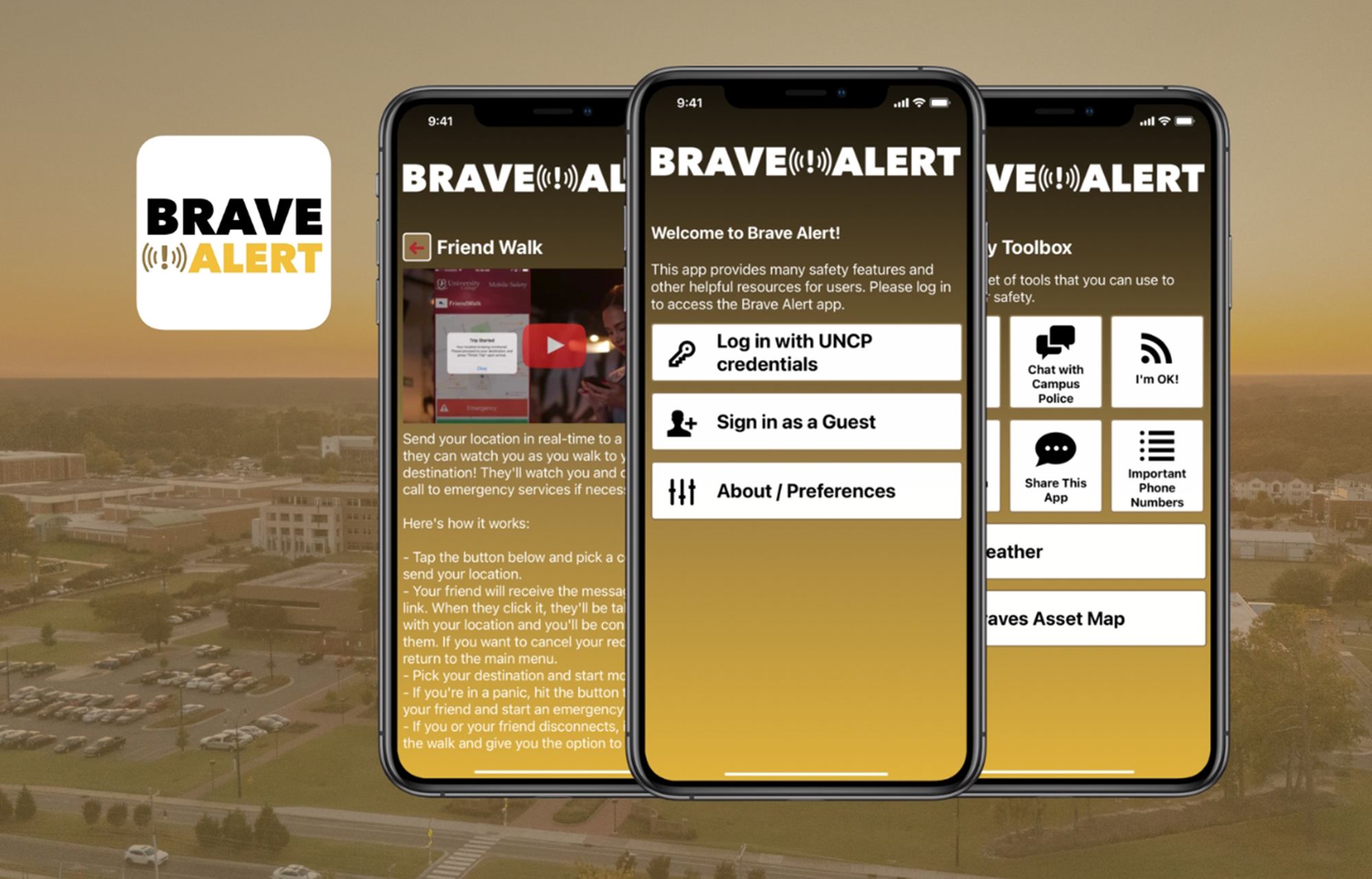 Various phone and tablet screens showcasing the Brave Alert app icon
