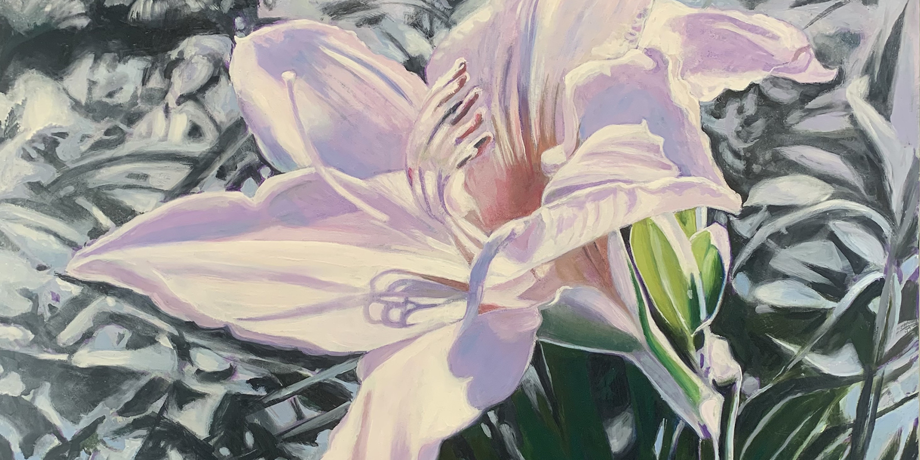 Twilight Lily oil painting of a pink lily on a dark green leafy background
