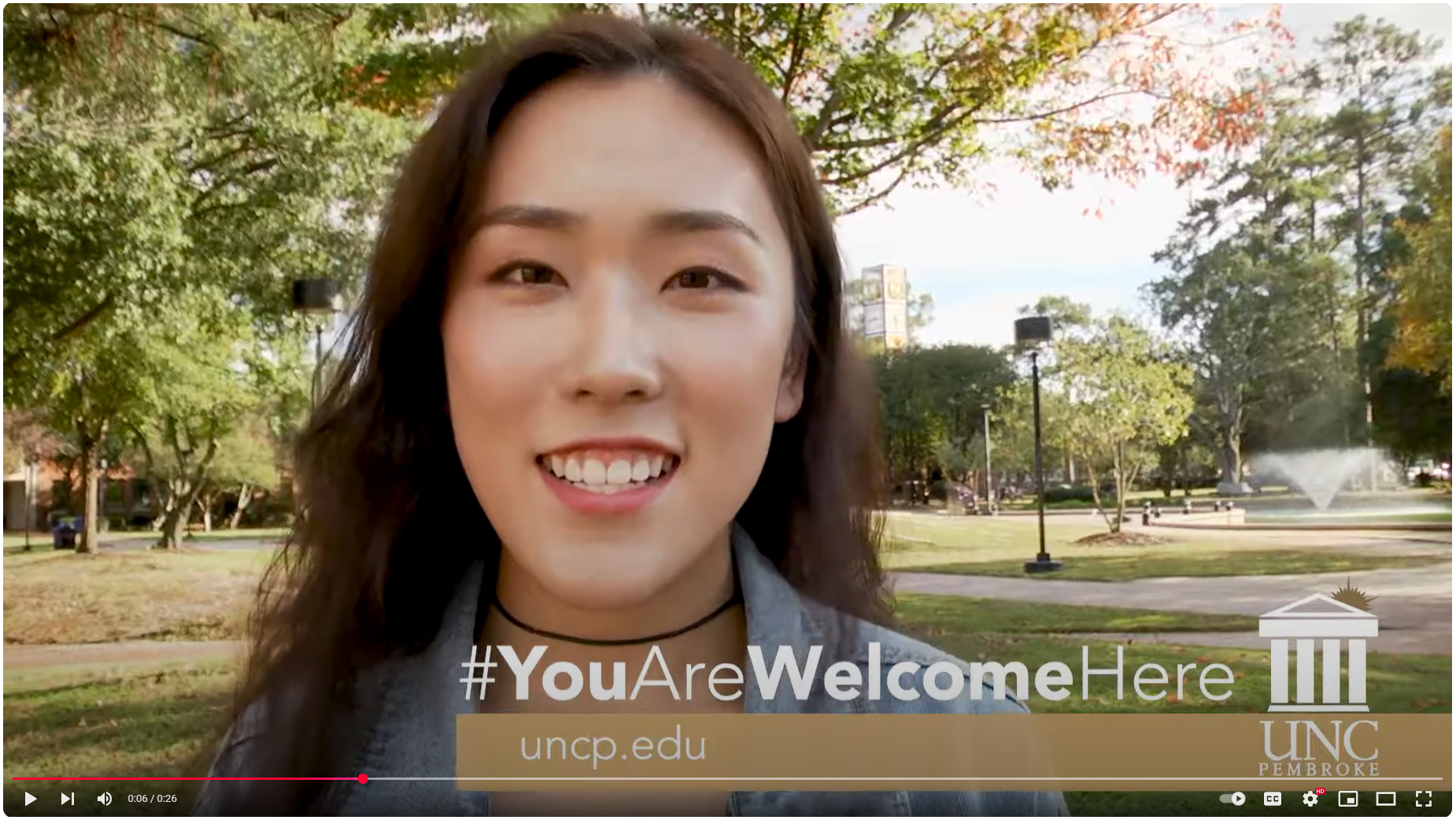 Video thumbnail showing a UNCP international student with the text "You Are Welcome Here" and the UNC Pembroke logo.